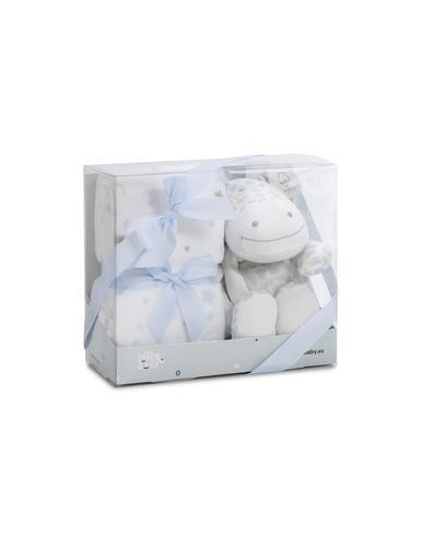 SET PELUCHE CROCHET JIRAFA Y MANTA ESTRELLA AZUL
